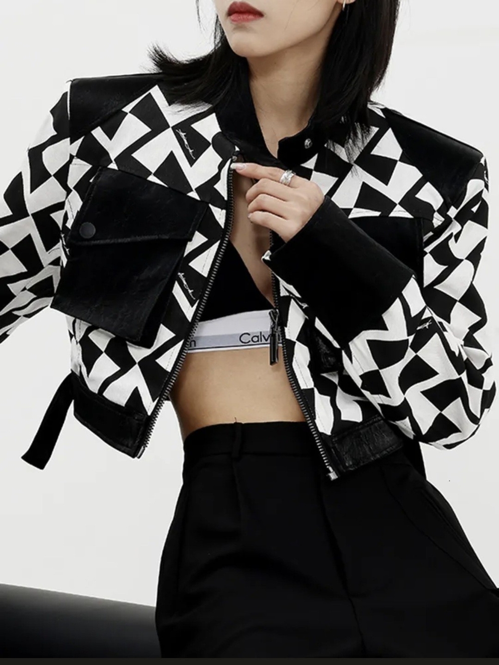 Kate Hewko Black & White Geometric Cropped Jacket - Women's